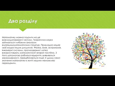 Два розділу Математику можна поділити на дві взаємодоповнюючі частини. Теоретична