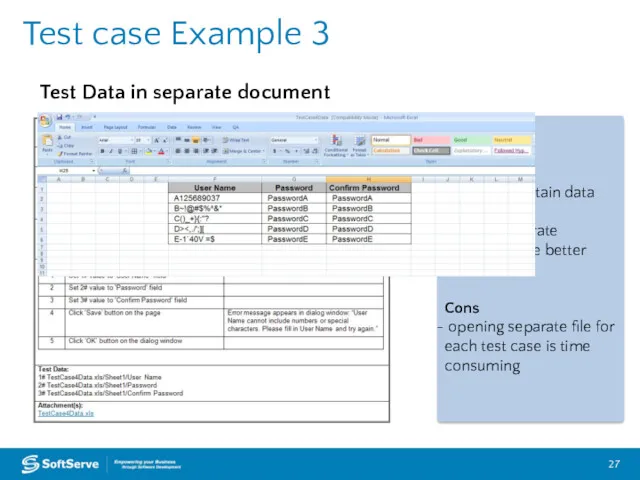 Test case Example 3 Pros easy to maintain data data