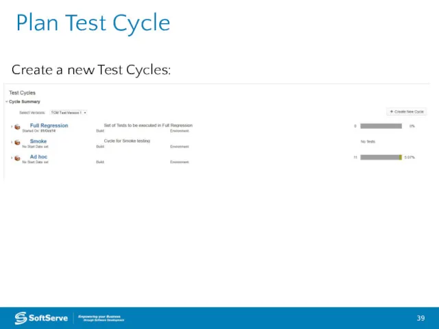 Plan Test Cycle Create a new Test Cycles: