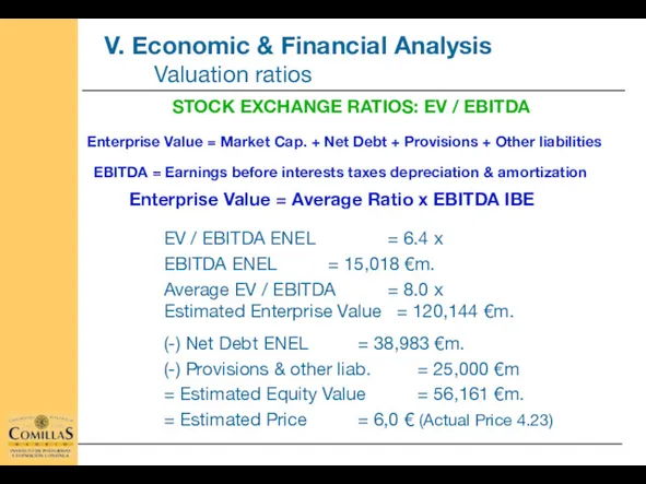 STOCK EXCHANGE RATIOS: EV / EBITDA Enterprise Value = Average