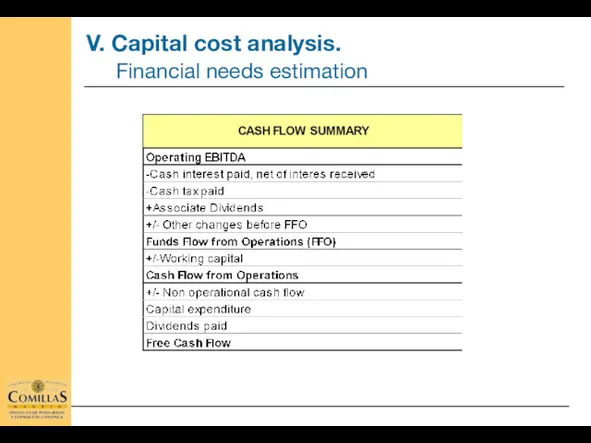 V. Capital cost analysis. Financial needs estimation