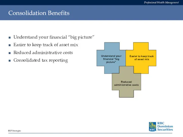 Consolidation Benefits Understand your financial “big picture” Easier to keep