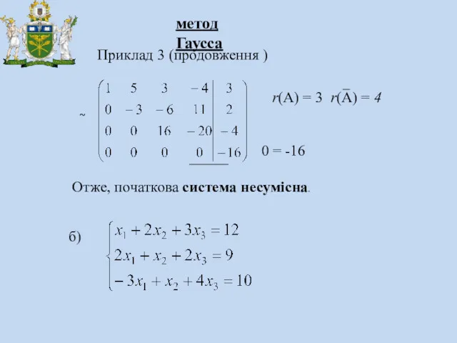 метод Гаусса Приклад 3 (продовження ) ~ 0 = -16