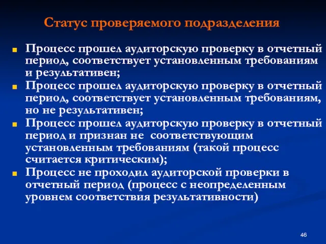 Процесс прошел аудиторскую проверку в отчетный период, соответствует установленным требованиям