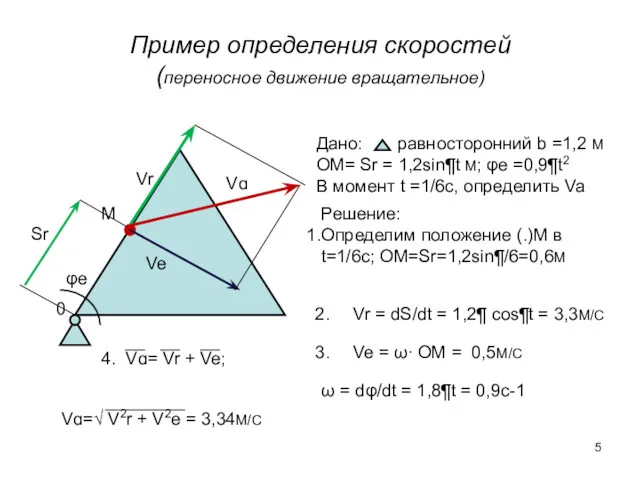 Пример определения скоростей (переносное движение вращательное) 0 М Vr Ve