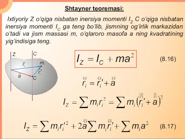 Shtayner teoremasi: Ixtiyoriy Z o’qiga nisbatan inersiya momenti IZ С