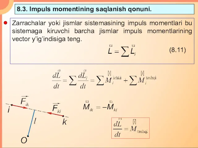 8.3. Impuls momentining saqlanish qonuni.