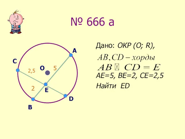 № 666 а Дано: ОКР (О; R), АЕ=5, ВЕ=2, СЕ=2,5 Найти ED А