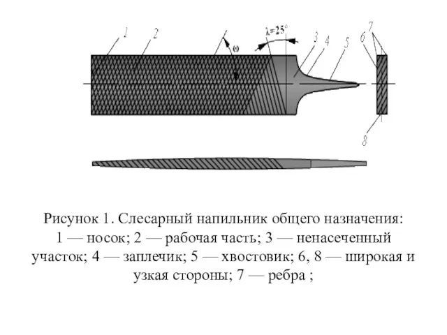 Рисунок 1. Слесарный напильник общего назначения: 1 — носок; 2