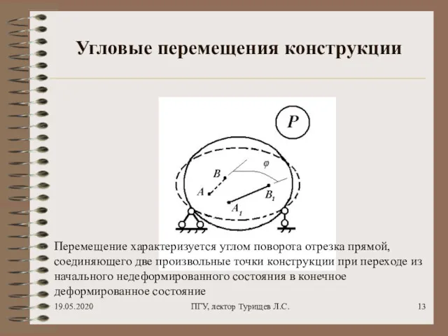 19.05.2020 ПГУ, лектор Турищев Л.С. Угловые перемещения конструкции Перемещение характеризуется