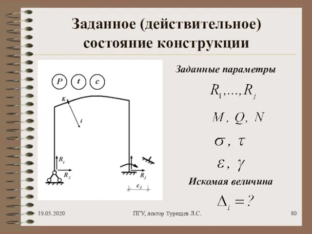 19.05.2020 ПГУ, лектор Турищев Л.С. Заданное (действительное) состояние конструкции Заданные параметры Искомая величина