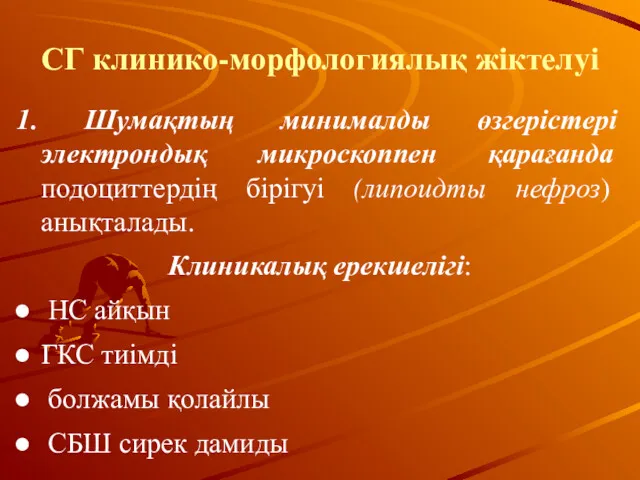 СГ клинико-морфологиялық жіктелуі 1. Шумақтың минималды өзгерістері электрондық микроскоппен қарағанда