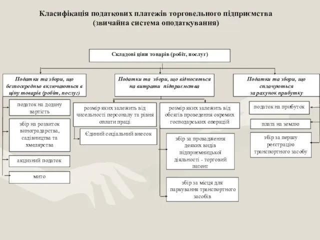 Класифікація податкових платежів торговельного підприємства (звичайна система оподаткування) податок на