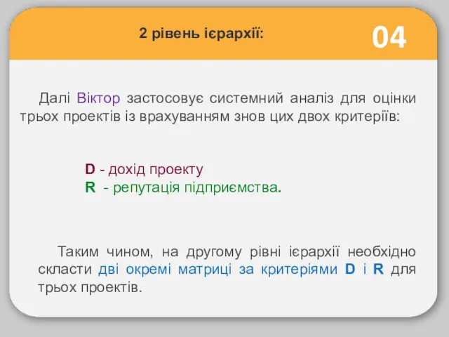 04 Далі Віктор застосовує системний аналіз для оцінки трьох проектів