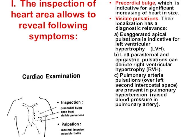 I. The inspection of heart area allows to reveal following