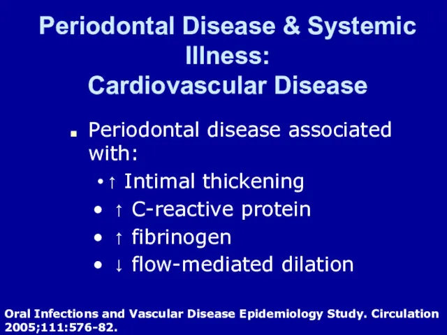 Periodontal Disease & Systemic Illness: Cardiovascular Disease Periodontal disease associated