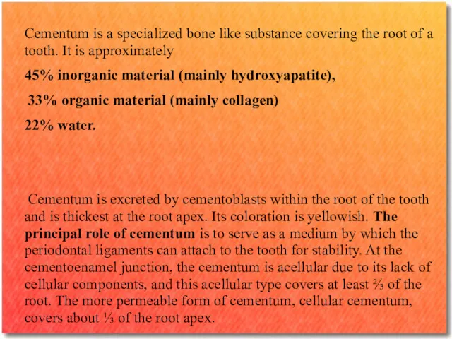 Cementum is a specialized bone like substance covering the root