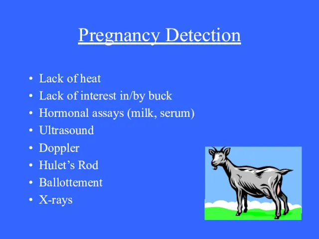 Pregnancy Detection Lack of heat Lack of interest in/by buck Hormonal assays (milk,