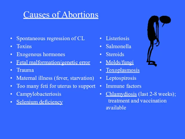 Causes of Abortions Spontaneous regression of CL Toxins Exogenous hormones Fetal malformation/genetic error