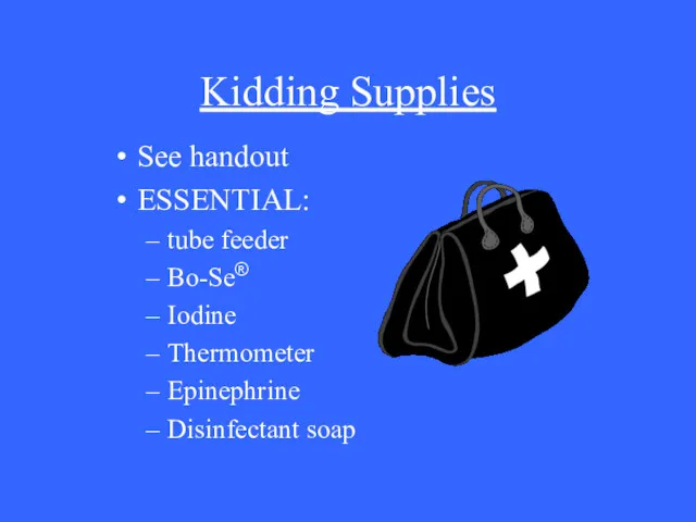 Kidding Supplies See handout ESSENTIAL: tube feeder Bo-Se® Iodine Thermometer Epinephrine Disinfectant soap