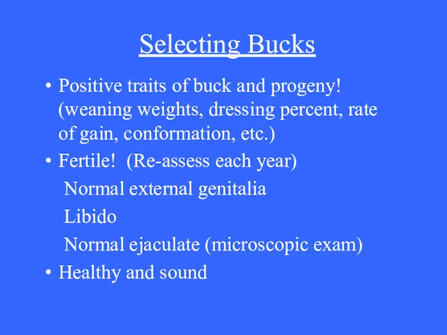 Selecting Bucks Positive traits of buck and progeny! (weaning weights, dressing percent, rate