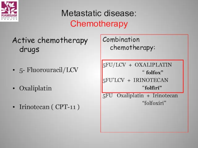 Metastatic disease: Chemotherapy Active chemotherapy drugs 5- Fluorouracil/LCV Oxaliplatin Irinotecan