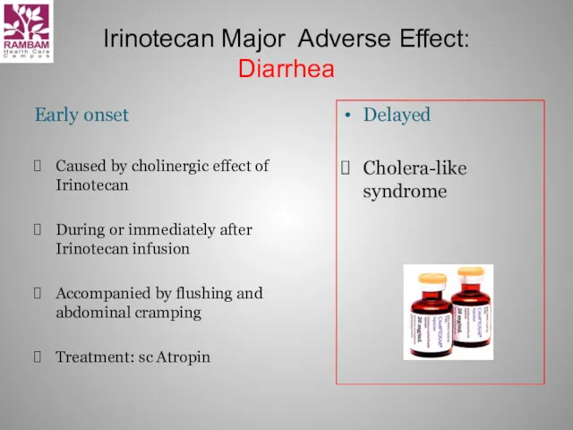 Irinotecan Major Adverse Effect: Diarrhea Early onset Caused by cholinergic
