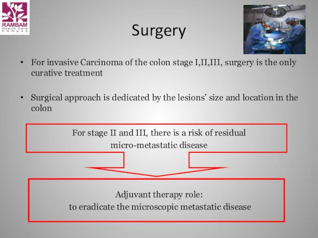 Surgery For invasive Carcinoma of the colon stage I,II,III, surgery