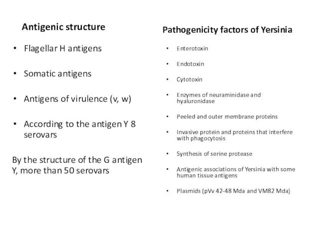 Antigenic structure Flagellar H antigens Somatic antigens Antigens of virulence (v, w) According
