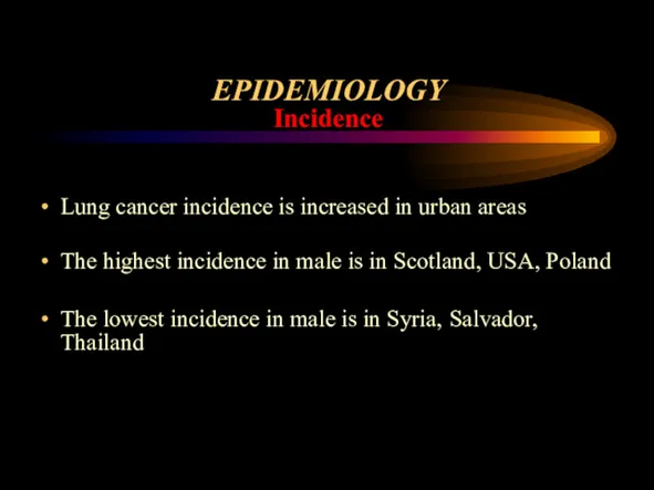 EPIDEMIOLOGY Incidence Lung cancer incidence is increased in urban areas