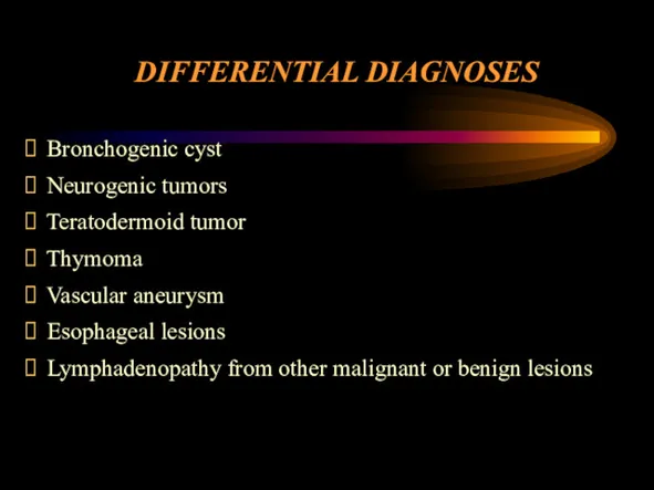 DIFFERENTIAL DIAGNOSES Bronchogenic cyst Neurogenic tumors Teratodermoid tumor Thymoma Vascular