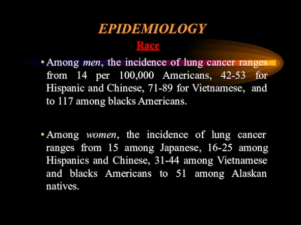 EPIDEMIOLOGY Race Among men, the incidence of lung cancer ranges