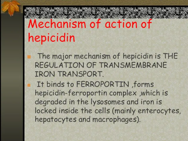 Mechanism of action of hepicidin The major mechanism of hepicidin