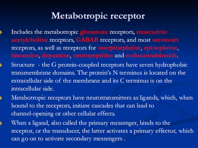 Metabotropic receptor Includes the metabotropic glutamate receptors, muscarinic acetylcholine receptors, GABAB receptors, and