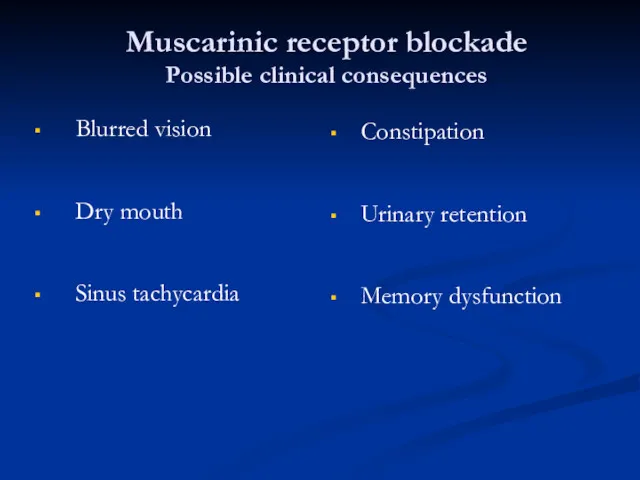 Muscarinic receptor blockade Possible clinical consequences Blurred vision Dry mouth Sinus tachycardia Constipation
