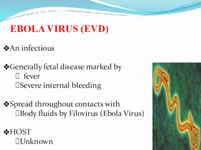 EBOLA VIRUS (EVD) An infectious Generally fetal disease marked by