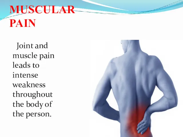 MUSCULAR PAIN Joint and muscle pain leads to intense weakness throughout the body of the person.