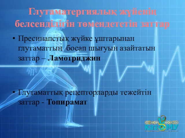 Глутаматергиялық жүйенің белсенділігін төмендететін заттар Пресинапстық жүйке ұштарынан глутаматтың босап