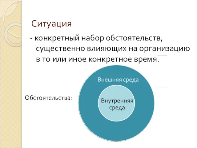 Ситуация - конкретный набор обстоятельств, существенно влияющих на организацию в то или иное конкретное время. Обстоятельства: