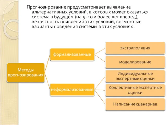 Прогнозирование предусматривает выявление альтернативных условий, в которых может оказаться система