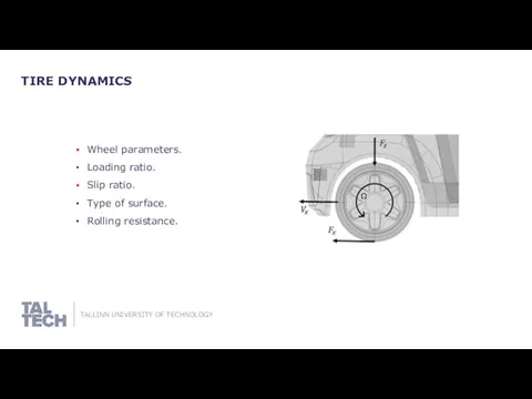 TIRE DYNAMICS Wheel parameters. Loading ratio. Slip ratio. Type of surface. Rolling resistance.