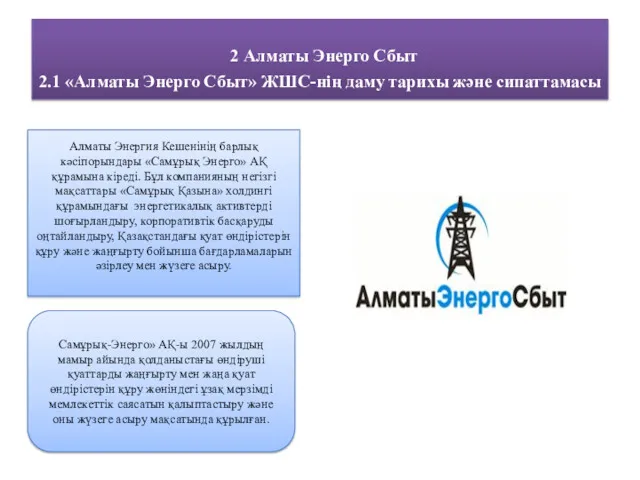 2 Алматы Энерго Сбыт 2.1 «Алматы Энерго Сбыт» ЖШС-нің даму