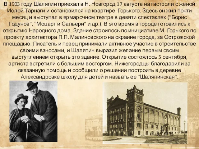 В 1903 году Шаляпин приехал в Н. Новгород 17 августа