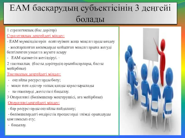 ЕАМ басқарудың субъектiсiнің 3 деңгейi болады 1 стратегиялық (бас дәрiгер)