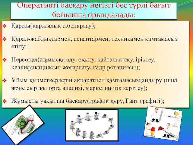 Оперативті басқару негізгі бес түрлі бағыт бойынша орындалады: Қаржы(қаржылық жоспарлау);