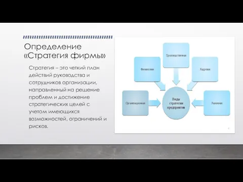 Определение «Стратегия фирмы» Стратегия – это четкий план действий руководства