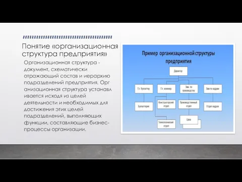 Понятие «организационная структура предприятия» Организационная структура - документ, схематически отражающий