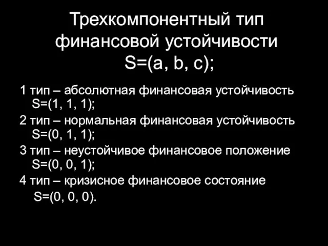 Трехкомпонентный тип финансовой устойчивости S=(a, b, c); 1 тип – абсолютная финансовая устойчивость