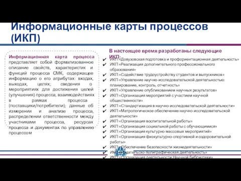 Информационные карты процессов (ИКП) ИКП «Довузовская подготовка и профориентационная деятельность»