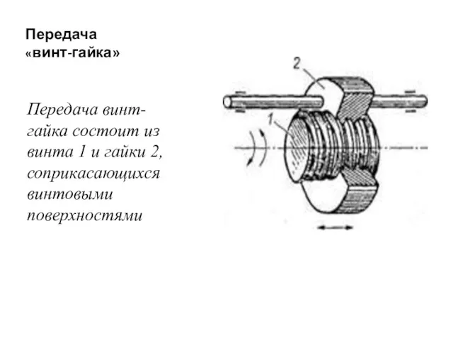 Передача «винт-гайка» Передача винт-гайка состоит из винта 1 и гайки 2, соприкасающихся винтовыми поверхностями